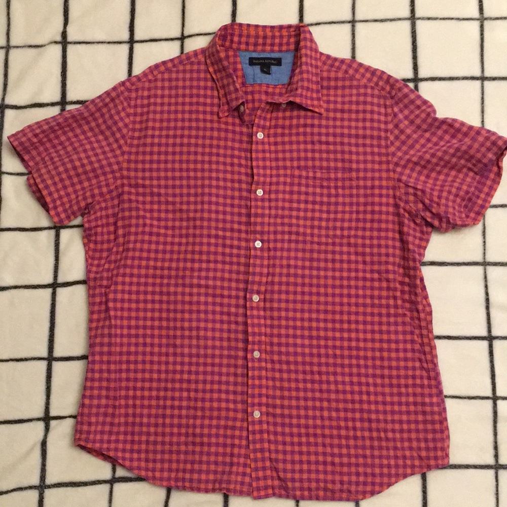 Banana Republic Linen Blend Gingham Short Sleeve Button Down Shirt